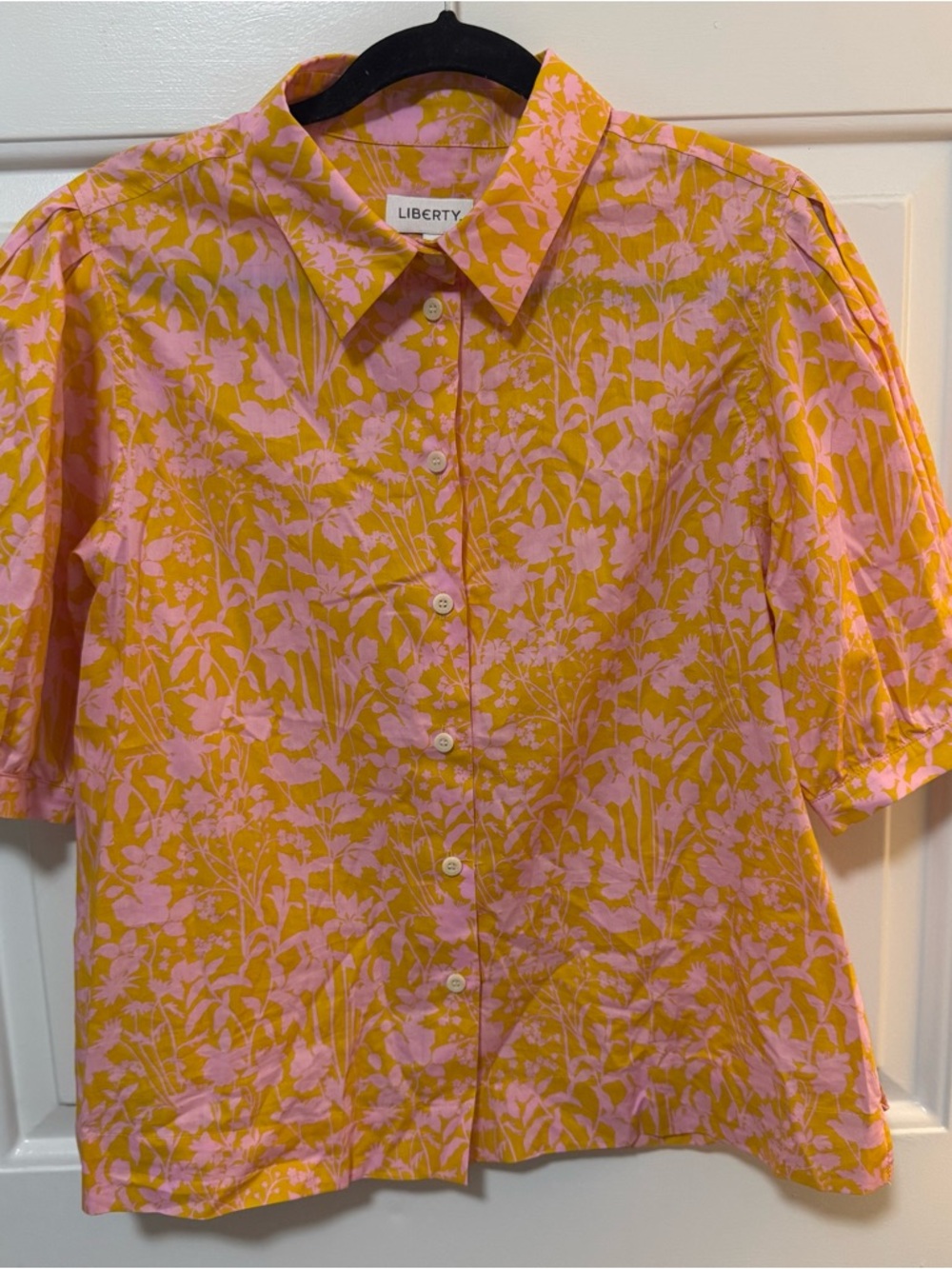 NWOT Liberty London Floral Puff Sleeve Cotton Shirt Pink Yellow Size Large $215